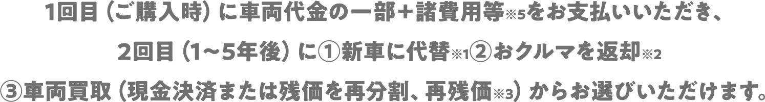 1回目（ご購入時）に車両代金の一部＋諸費用等※5をお支払いいただき、2回目（1〜5年後）に①新車に代替※1②おクルマを返却※2③車両買取（現金決済または残価を再分割、再残価※3）からお選びいただけます。